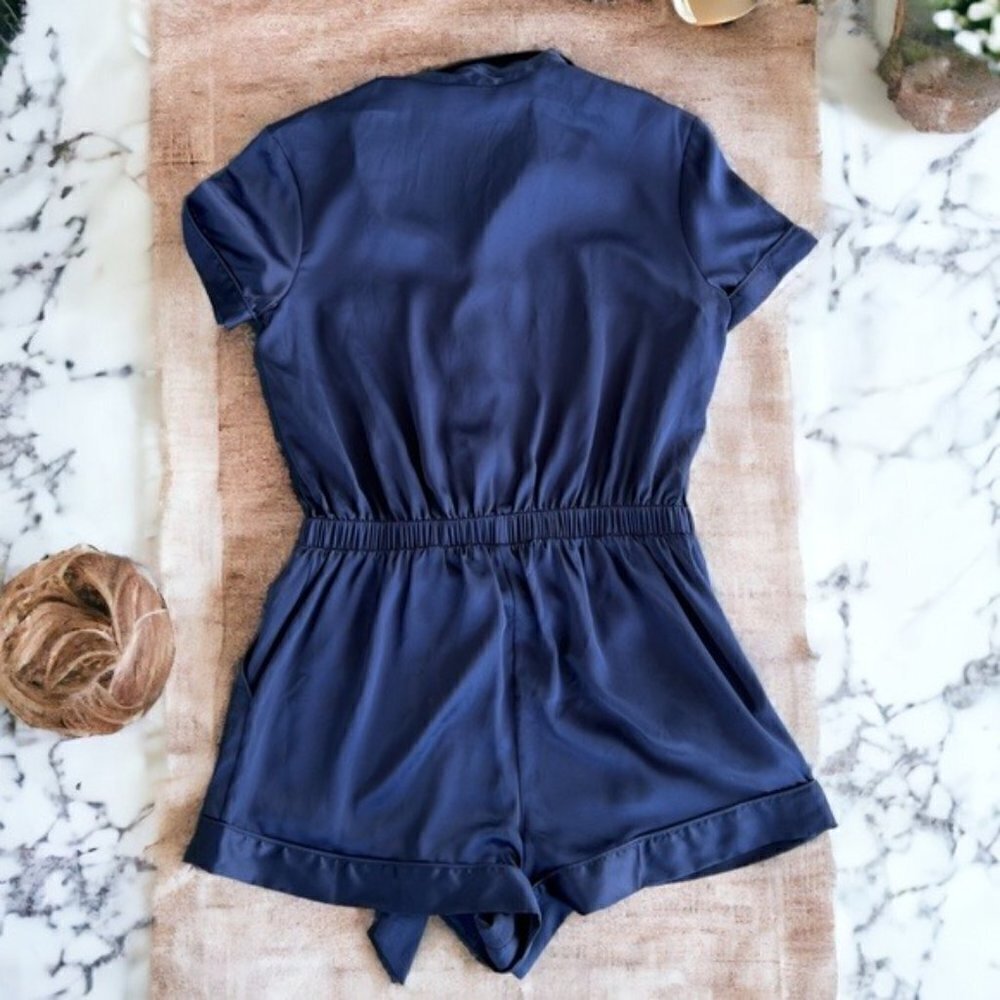 Victoria’s Secret Navy Blue Satin Button Front Lounge Pajama Romper Size Medium - Picture 10 of 11